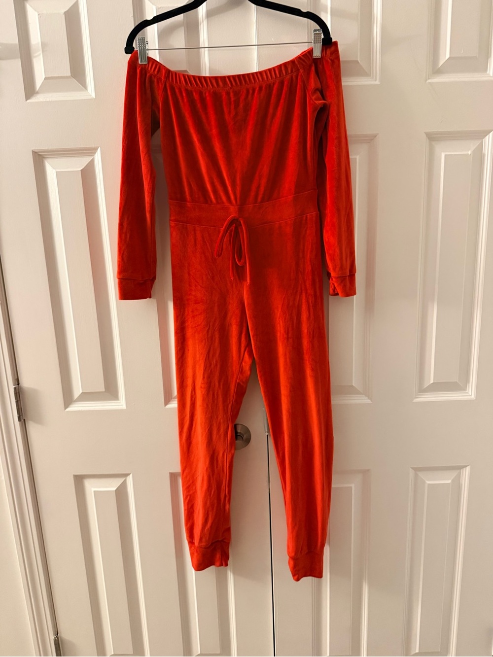 Off-Shoulder Long-Sleeve Jumpsuit in Bright Red